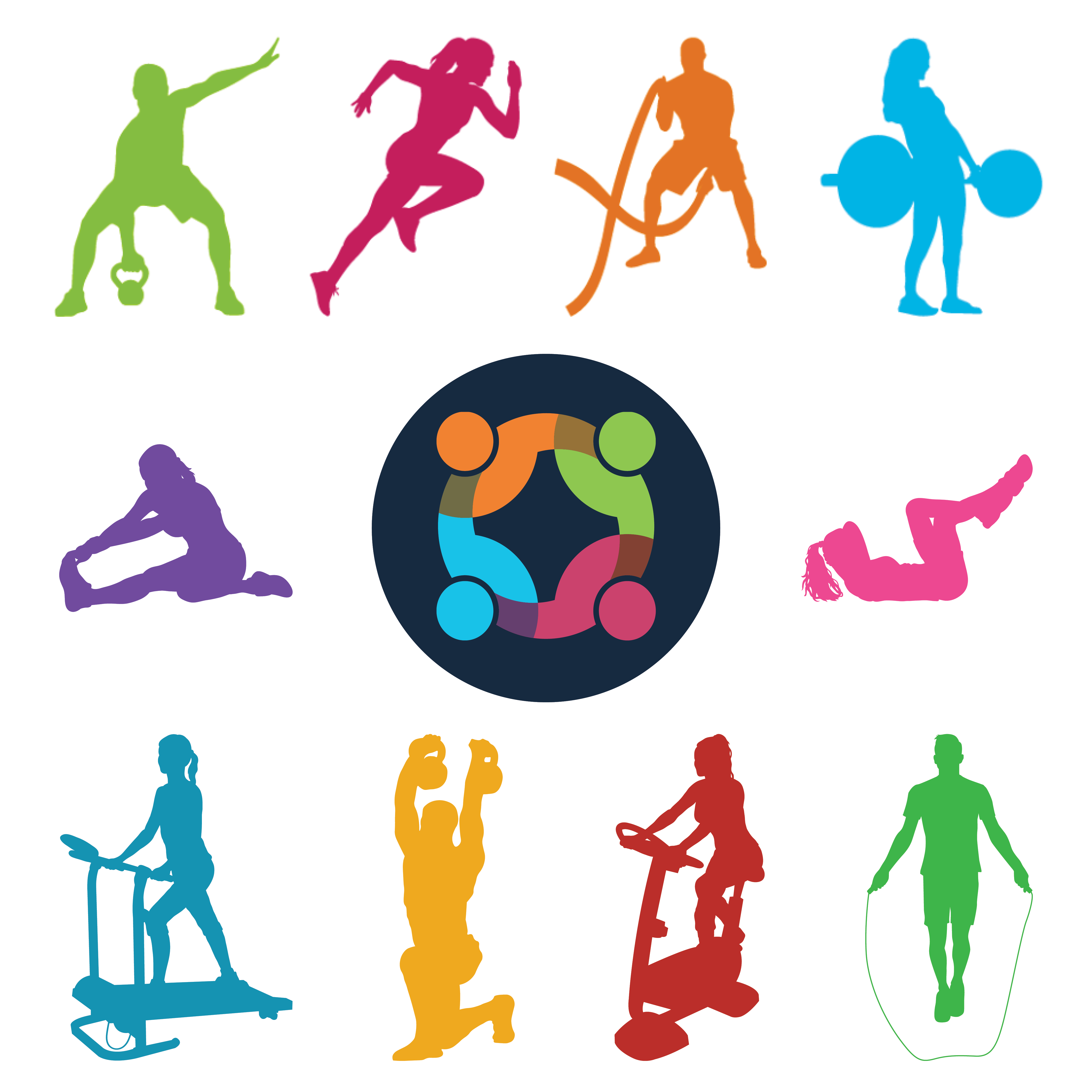 Mylan Park Family Circle Logo Surrounded by Silhouettes of Fitness Workouts
