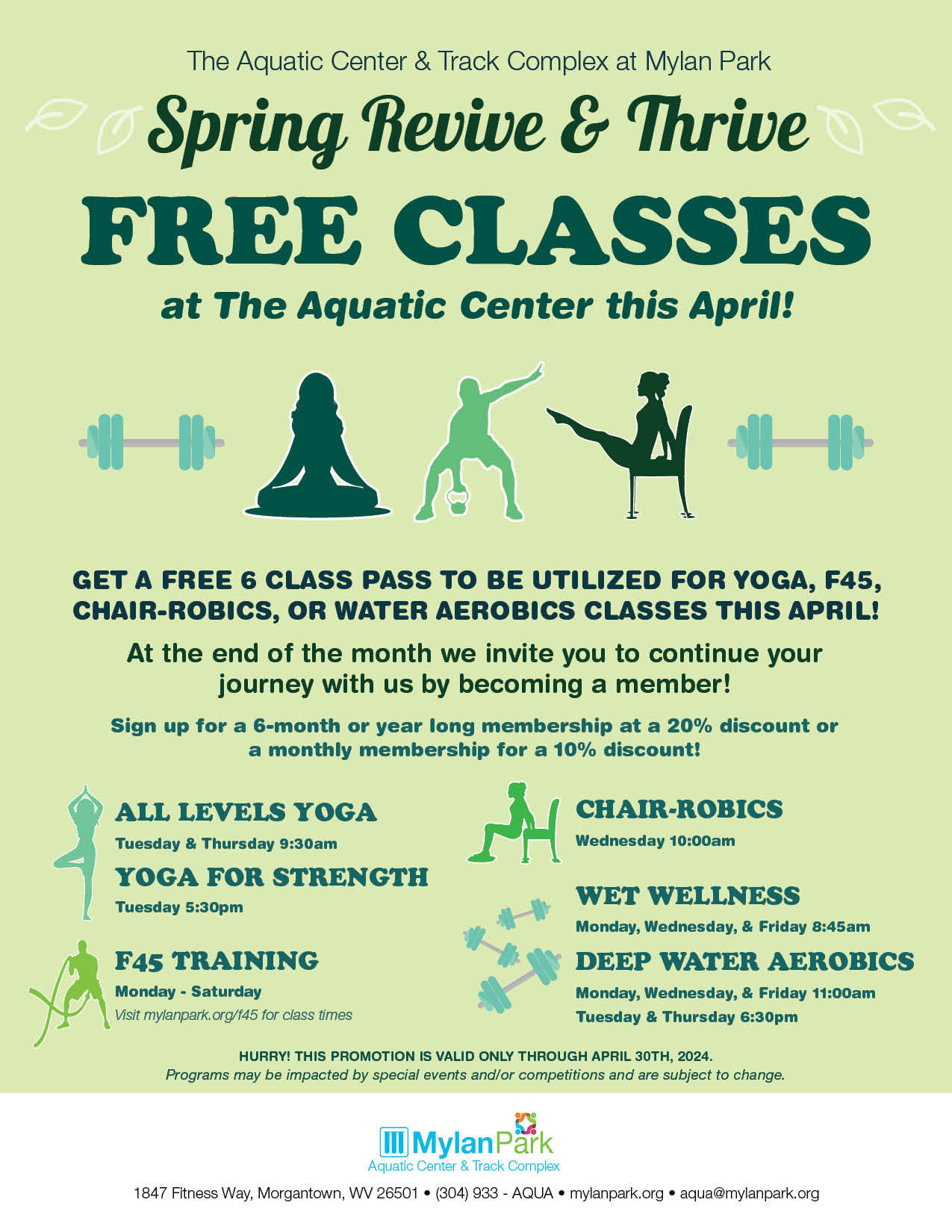 FREE CLASSES at The Aquatic Center this April! GET A FREE 6 CLASS PASS TO BE UTILIZED FOR YOGA, F45, CHAIR-ROBICS, OR WATER AEROBICS CLASSES THIS APRIL! HURRY! THIS PROMOTION IS VALID ONLY THROUGH APRIL 30TH, 2024.
