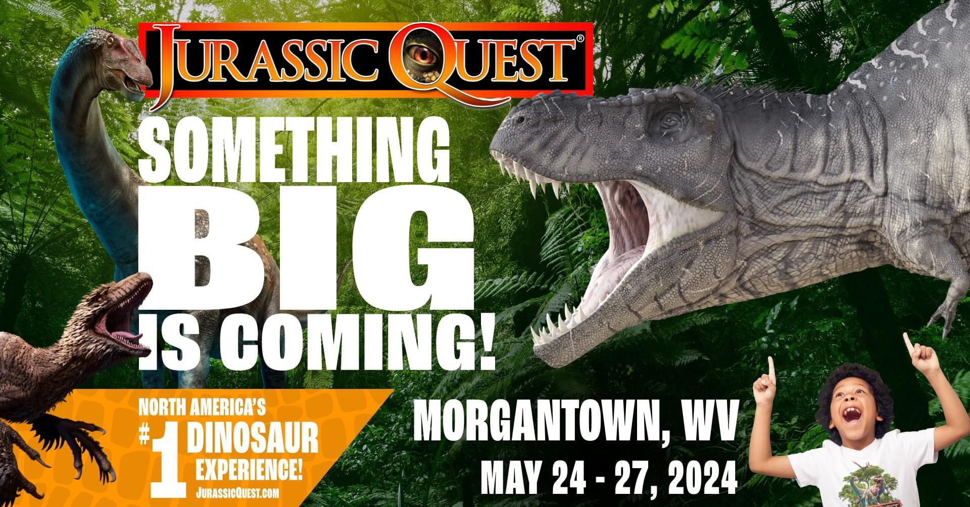 Jurassic Quest is ROARING into Morgantown, WV from May 24 - 27th at Mylan Park! DON’T MISS: * LIFE-SIZE, SKY-SCRAPING DINOSAURS * ONE-OF-A-KIND WALKING DINOSAUR RIDES * LIFE-SIZE T.REX SKULL * INCREDIBLE FOSSILS, including REAL T.rex teeth and Triceratops horn Come join us from May 24-17th at Mylan Park in Morgantown, WV!