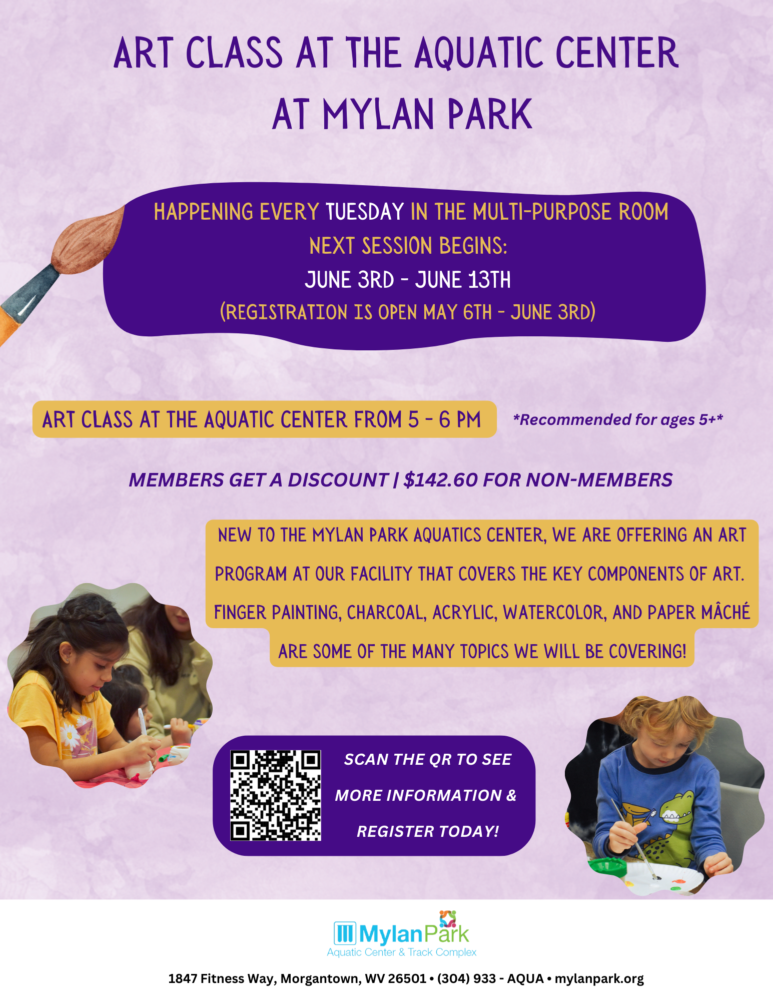 ART CLASSES at the Aquatic Center at Mylan Park June 3rd - June 13th 5 - 6 PM every Tuesday in the multi-purpose room REGISTRATION IS OPEN may 6th - June 3rd