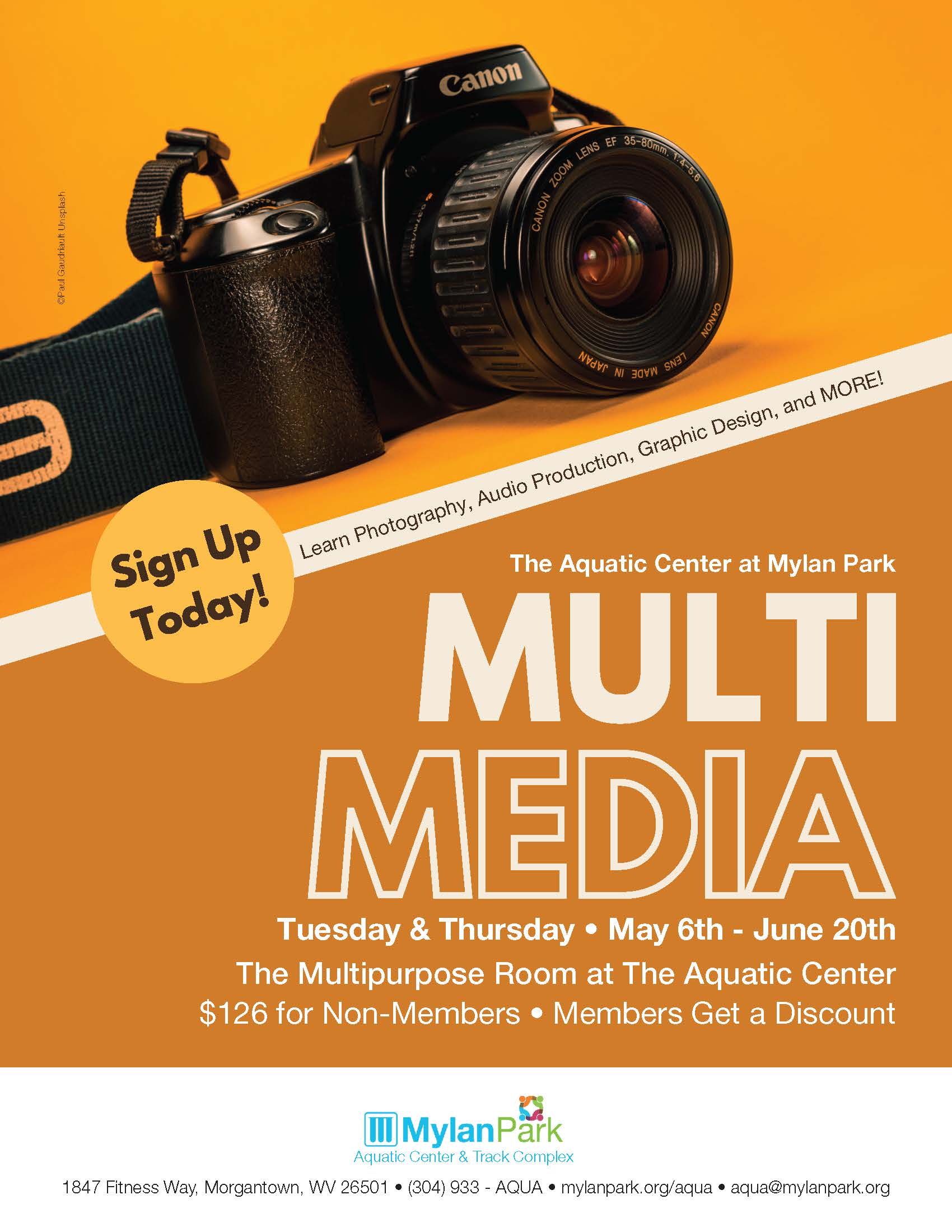 MULTI MEDIA CLASSES at the Aquatic Center at Mylan Park May 6th - June 20th every Tuesday & Thursday Evenings in the multi-purpose room! LIMITED SPOTS AVAILABLE. Register today!