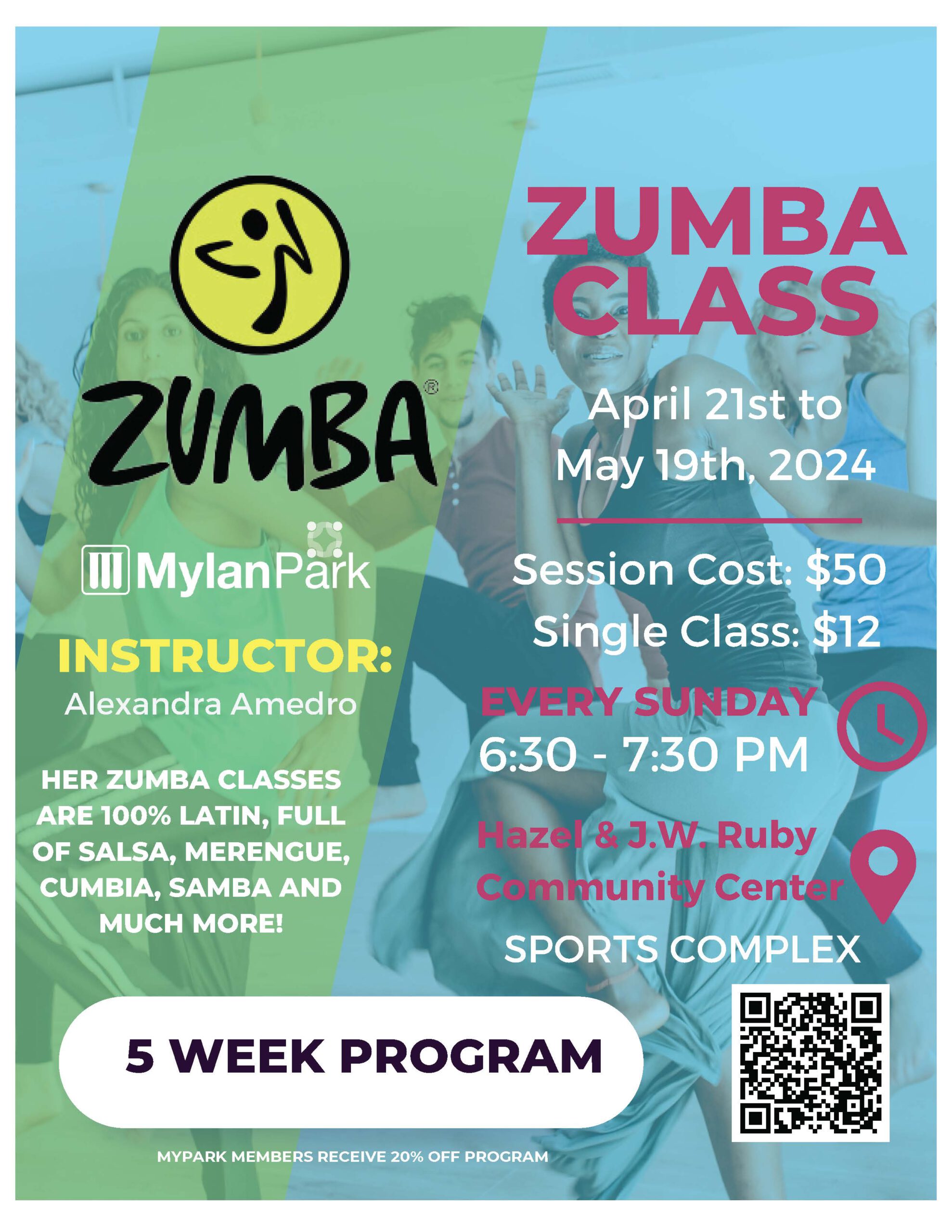 Zumba Classes at Mylan Park with Alex Amedro Sundays, April 21 - May 19, 2024 6:30 pm to 7:30 pm.