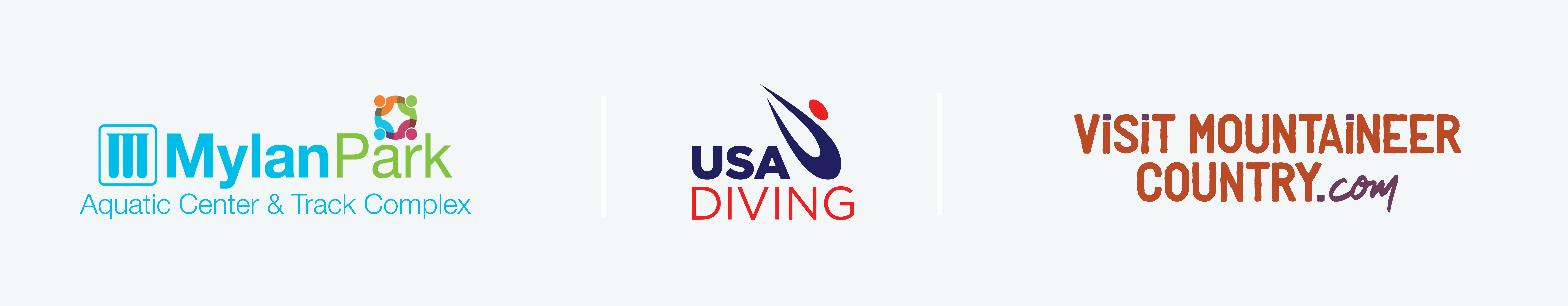 Mylan Park Aquatic Center & Track Complex, USA Diving, & Visit Mountaineer Country.com Logos