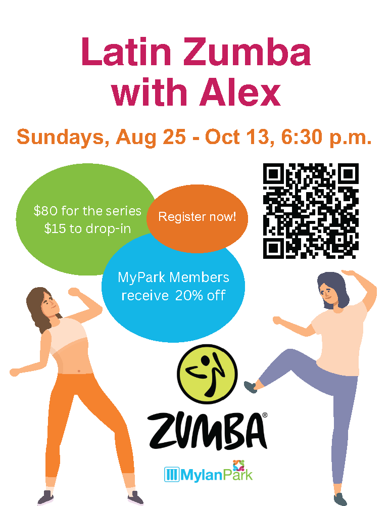 Latin Zumba with Alex August 25th to October 13th on Sunday evening 6:30pm-7:30pm at the Sports Complex