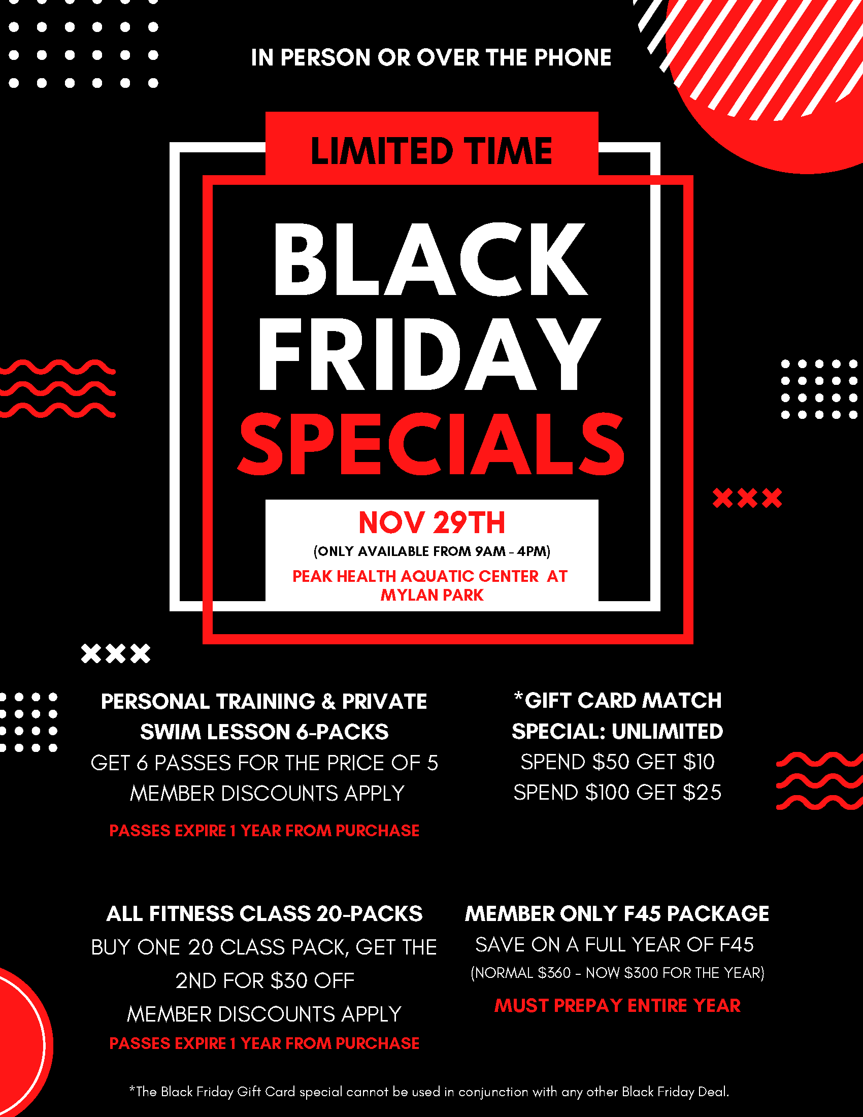 Black Friday Specials at the Peak Health Aquatic Center at Mylan Park November 29th 9am - 4pm