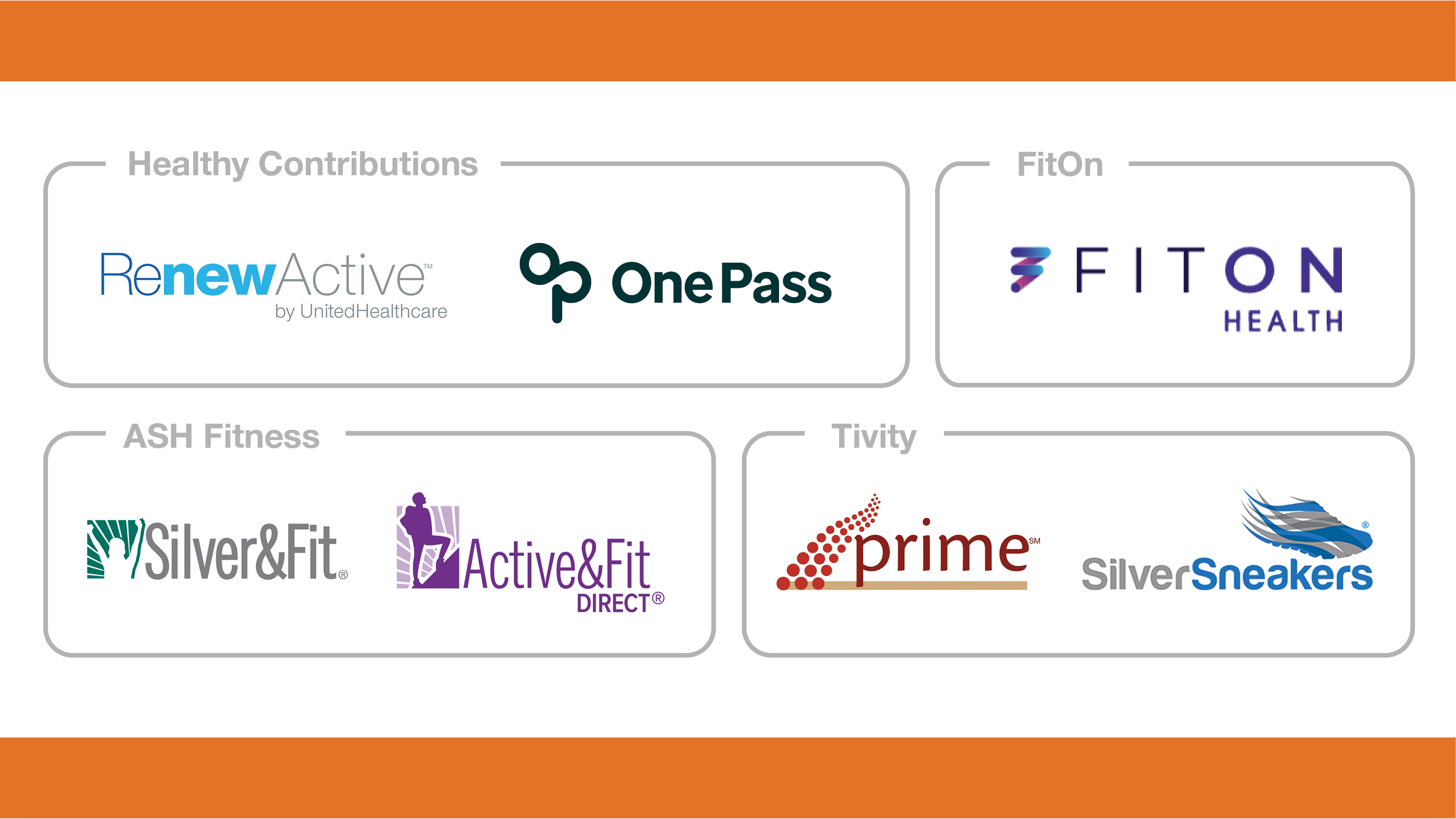 Peak Health Aquatic Center at Mylan Park Health Partners: One Pass (Healthy Contributions), and Renew Active (Healthy Contributions), FitOn Health (FitOn), Active & Fit (ASH Fitness), Silver & Fit (ASH Fitness), Prime (Tivity), Silver Sneakers (Tivity)