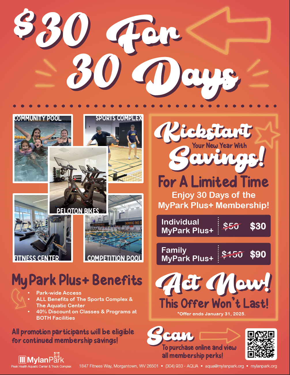 January 30 Days for $30 at Mylan Park Offer only available January 1st – January 31st. enjoy 30 Days of the MyPark Plus+ Membership for just $30