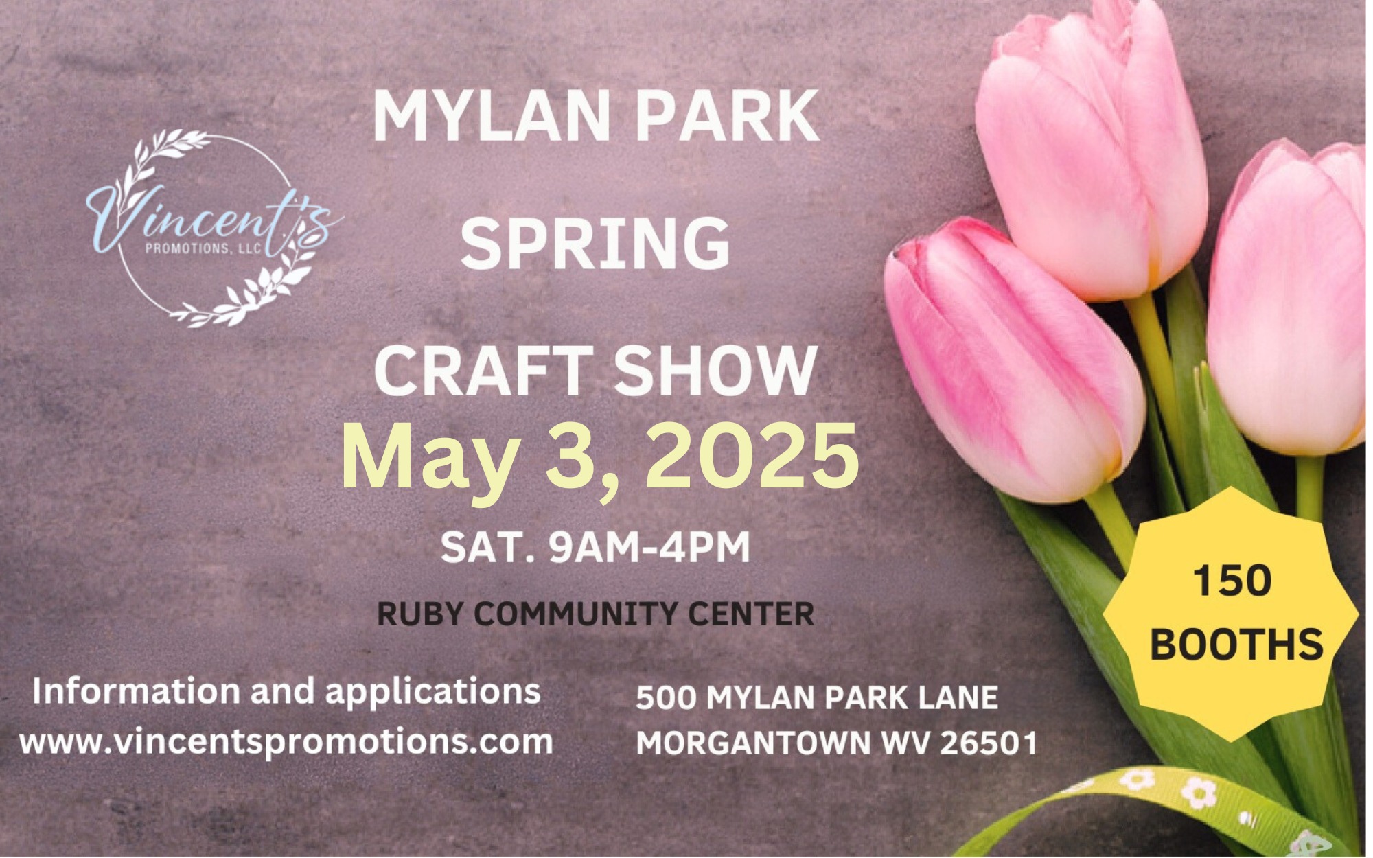 Mylan Park Spring Craft Show  May 3, 2025 | Hazel & J.W. Ruby Community Center  Brighten your spring with hand-crafted items and great finds from the Mylan Park Spring Show. Remember - Shop Local!